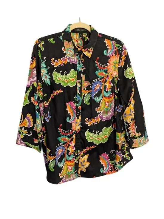 Lauren Ralph Lauren Womens Colorful Paisley Floral Button-Down Blouse 1X Black - Picture 1 of 16